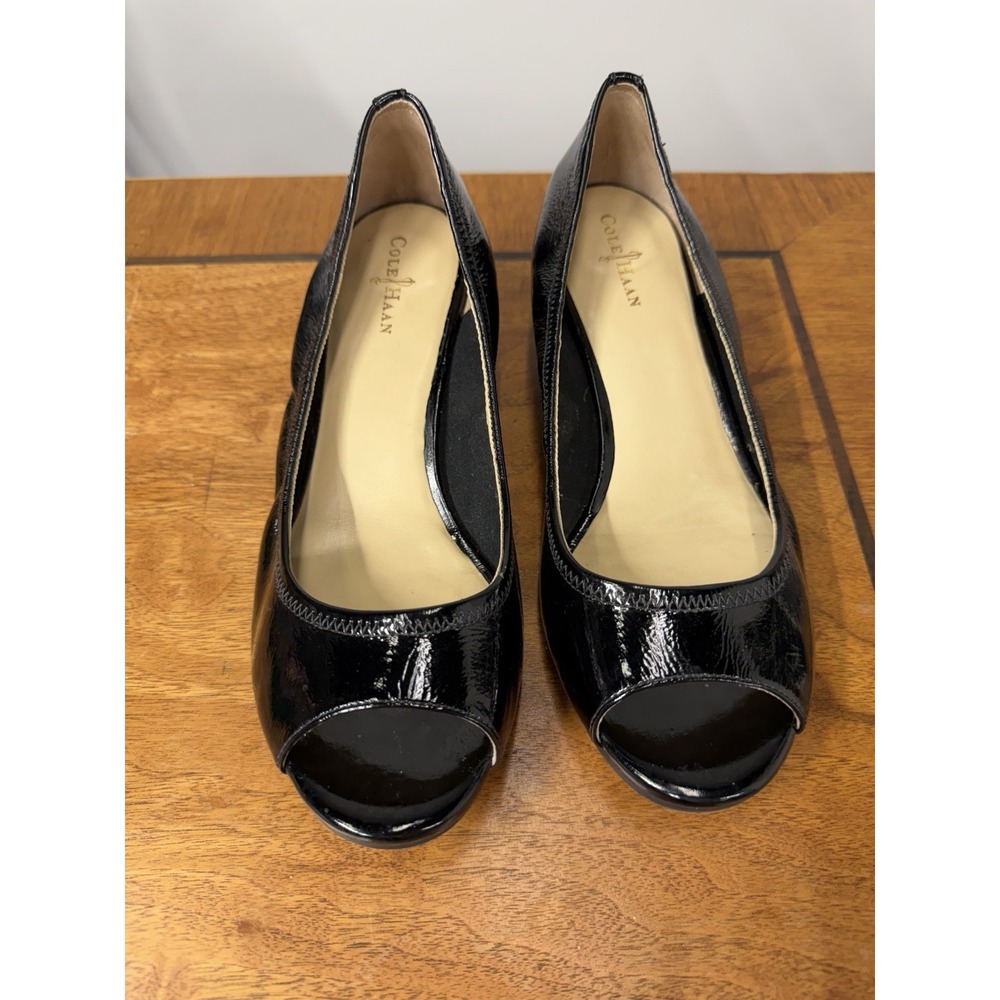 Vtg Cole Haan Women's 8 B Black Leather Low Wedge Open Toe Flats N ike Air Sole